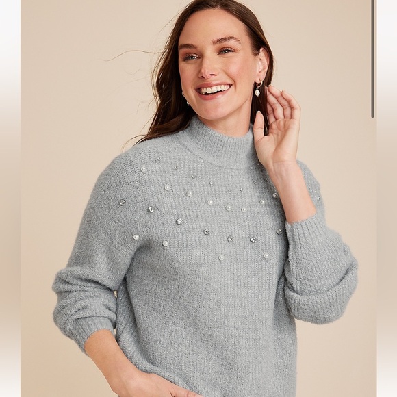 Faux Pearl Embellished Mock Neck Sweater NWT - Picture 1 of 11